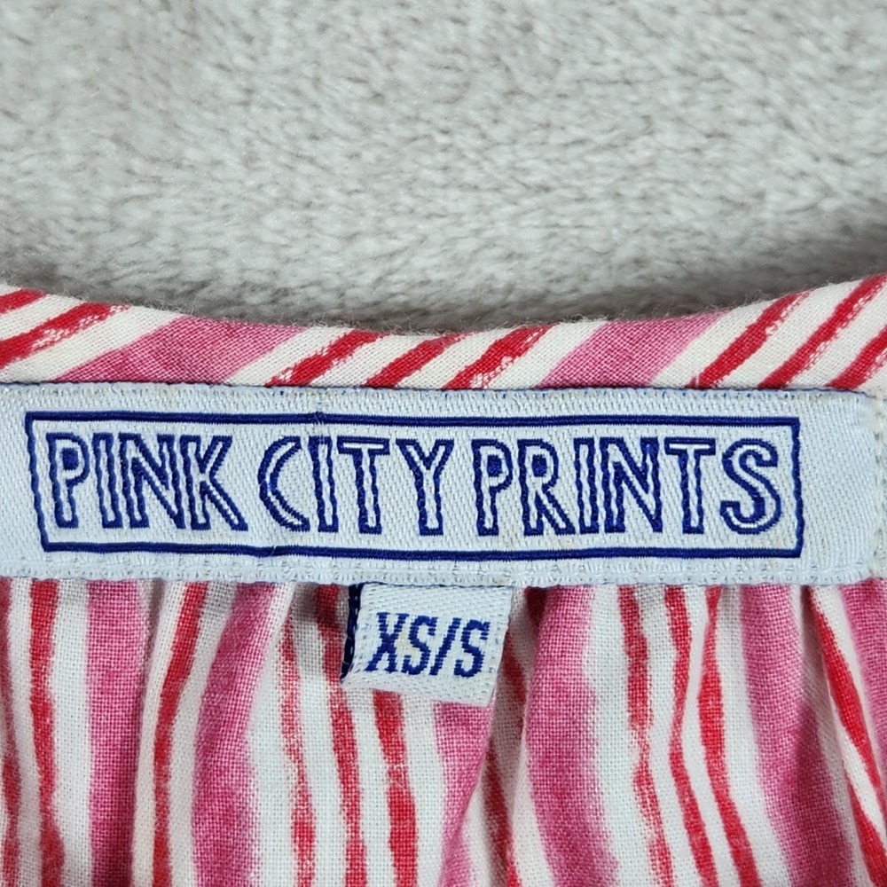 Pink City Prints Dress Womens XS/S Pink Striped Tassel Midi Boho Coastal Peasant - Picture 4 of 11